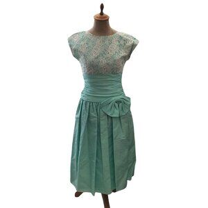 Vintage 80s Patty O'Neil Lace Taffeta Party Dress Prom 4 Mint Green Ruched B12